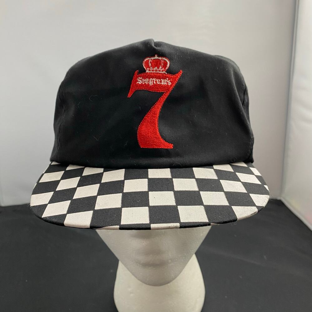 Vintage Seagram's 7 Checkered Brim Snapback Hat Black White Crown Logo